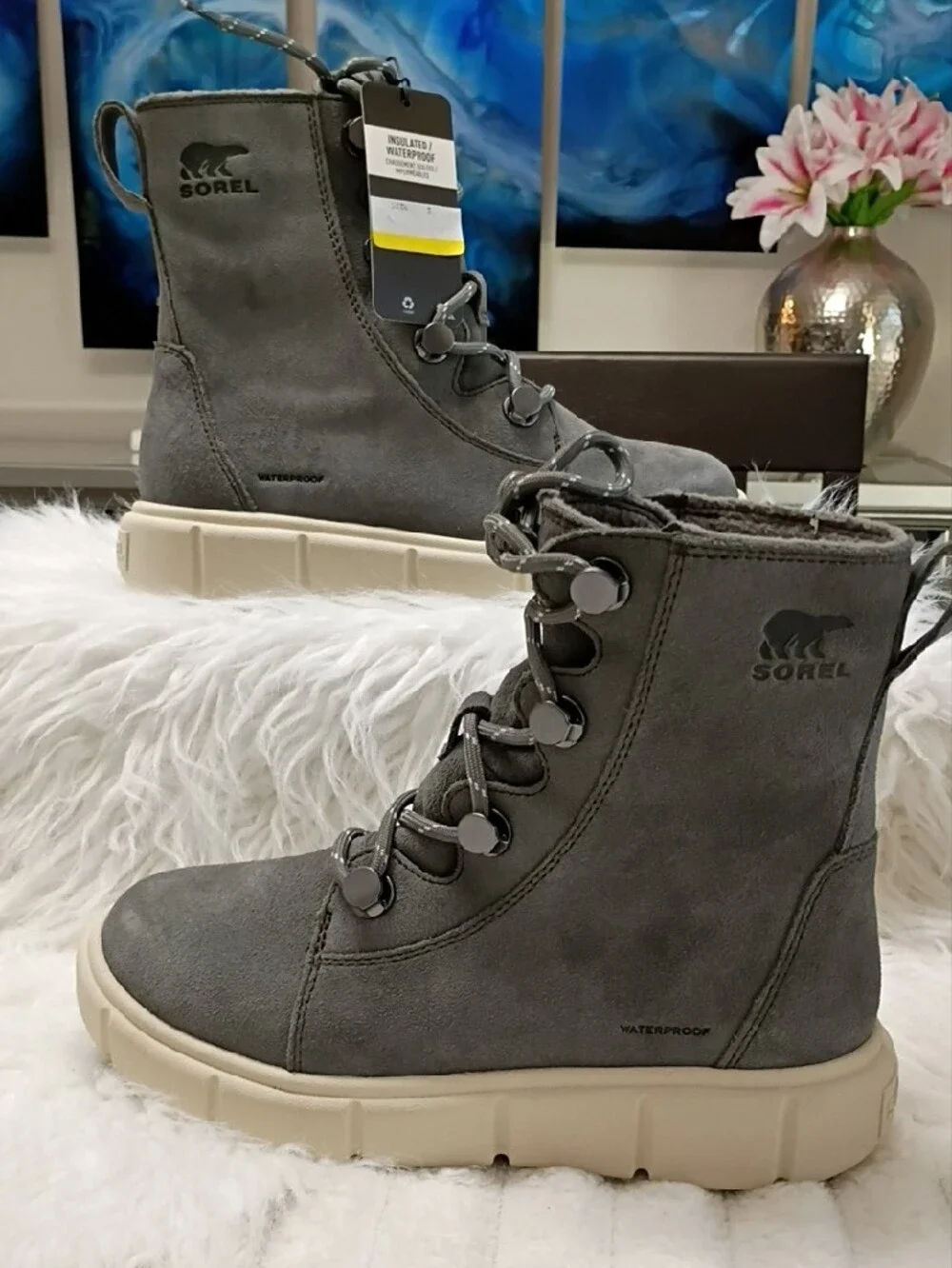 Sorel Gray Explorer III Joan Suede Waterproof LaceUp Waterproof Boots Cream Sole